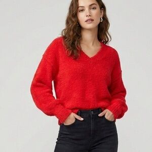 Sanctuary Red V-Neck Fuzzy Eyelash Knit Sweater Size Medium